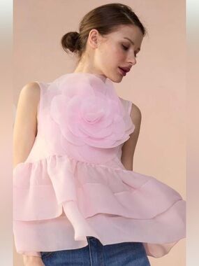 NWT Cynthia Rowley Chloe Pink Organza Flower Appliqué Layered Mesh Top Size L